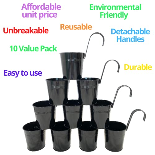 LaLaGreen Railing Planter 10 Pack, 6 Inch Hanging Flower Pot Black, Outdoor Large Metal Iron Fence Bucket, Balcony Garden Wall Deck Porch Patio Rail Decor Hanger Hook Farmhouse Balcony 6'''' (15cm) - size: 6 Inch (Black)
