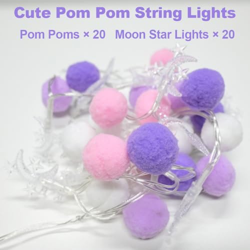 ChiRee Indoor String Lights 6.56 Feet Pom Poms Moon Lights 20 LED Battery Operated String Fairy Lights Warm White Globe Lights Colorful Decor Lights for Home Bedroom Kids Playhouse Holiday Christmas - style: Moon-Purple