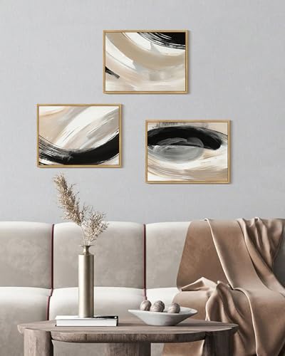 KUVIOKE Black Abstract Framed Wall Art Neutral Minimalist Graffiti Pastel Wall Decor Modern Illustration Art Painting for Bedroom Dining Room 12x16in (Natural Framed) - color: Black Abstract, size: 12 x 16in x 3 Panels Natural