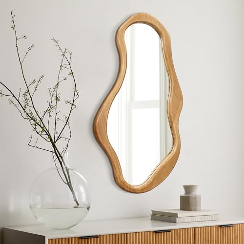 LuxenHome Asymmetrical Wall Mirror, 22"x 39" Natural Irregular Mirror for Wall Decor with Wood Frame, Wall Mirrors Decorative for Living Room, Bathroom, Bedroom, Dining Room, Entryway - color: Natural Wood