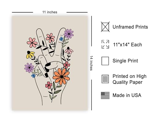 Poster Master Hippie Flower Print - Retro Peace Hand Poster - Trendy Floral Art - Preppy Peace & Love Wall Design - Chic Boho Art - Office or Living Room Wall Decor - 11x14 UNFRAMED Wall Art - color: Style-14, size: 11"L x 14"W