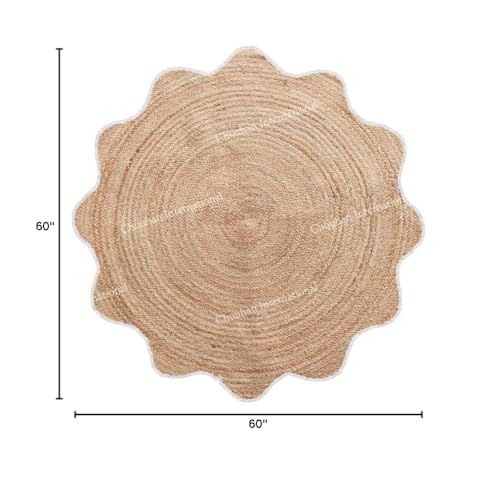 4x4, 5x5, 6x6,feet Natural Jute Scallop Round Rug, Floor Scalloped Edge Rug Braided Boho Eco Large Circular Handmade Area Rugs (D2) - color: White, size: 5' (Round)