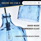 Farmhouse Pendant Light – Hand-Blown Blue Hammered Glass Shade, Black Finish, E26 Socket, Adjustable Chain Hanging Light Fixture for Kitchen Island, Dining Room & Hallway, 15" H x 12" D - color: Chain Blue
