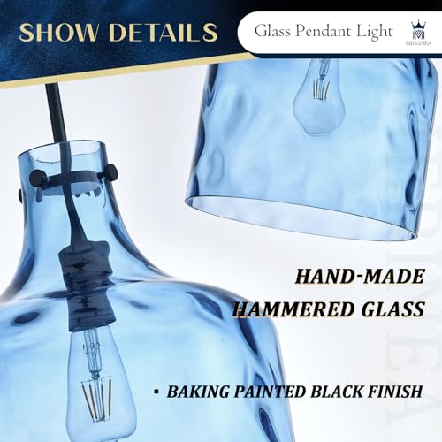 Farmhouse Pendant Light – Hand-Blown Blue Hammered Glass Shade, Black Finish, E26 Socket, Adjustable Chain Hanging Light Fixture for Kitchen Island, Dining Room & Hallway, 15" H x 12" D - color: Chain Blue