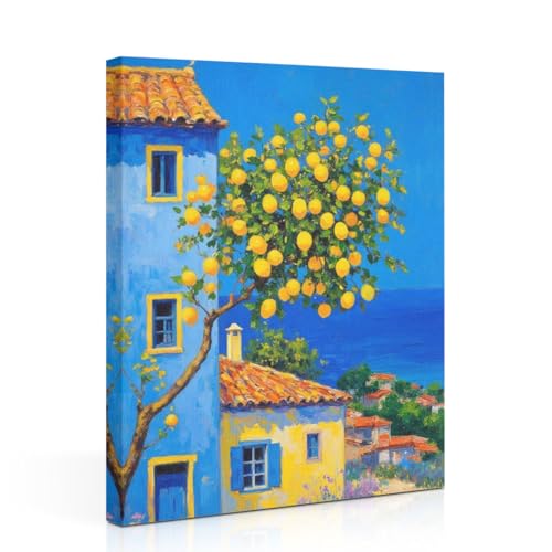 Italy City Wall Art, Coastal Landscape Watercolor Painting Italy Lemon Canvas Framed Prints Modern Decorations Summer Aesthetic Poster for Living Room Entryway Farmhouse Dining Room 11.5x15 Inch - color: Multi 1383