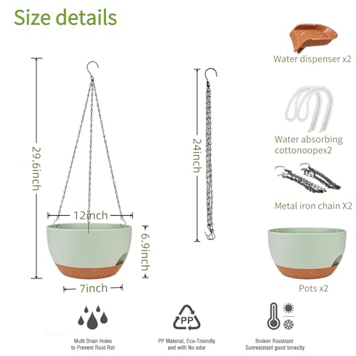 12 Inch Self Watering Hanging Planters 2 Pack, Indoor Outdoor Hanging Pots for Plants with Drainage Holes & Saucers, Green Brown Plastic Hanging Baskets for Kitchen Balcony Garden - color: Green Brown