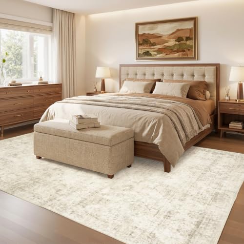 9x12 Area Rugs for Living Room, Machine Washable Rugs, Vintage Non Slip Rug, Faded Style Carpet Stain Resistant, Low Pile Boho Retro Large Rugs for Bedroom Dining Room Indoor Home Office-Beige 9'x12' - color: Beige, size: 9' x 12' (Rectangular)