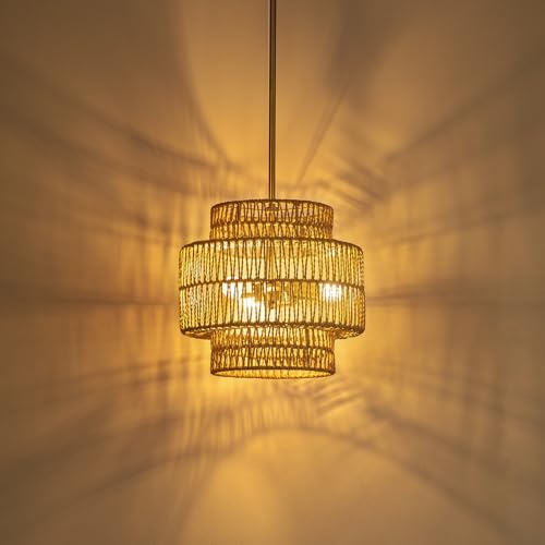 MODIVO 3-Light E12 Boho Rattan Chandelier, 12.6 Inch Hand Woven Farmhouse Pendant Light for Kitchen Island, Dining Room, Bedroom, Rustic Hanging Lamp, Living Room, Entryway, Foyer