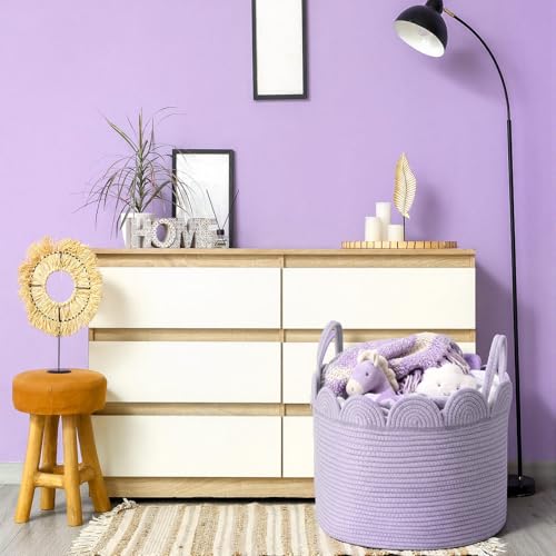 LemonRoad Lavendor Purple Round Basket Large Blanket Basket 15.8" L X 15.8" W X13.8" H Scalloped Woven Baskets Cotton Storage Baskets for Nursery Classroom Closet Blankets Storage Home Decor - color: Lavendor Purple, size: 15.8" L X 15.8" W X13.8" H