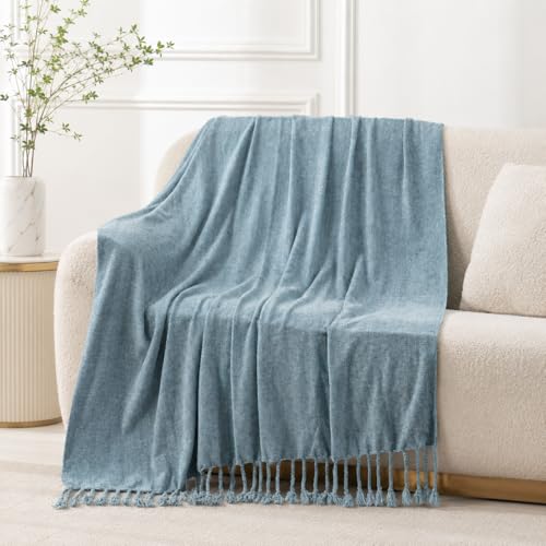 BATTILO HOME Dusty Blue Chenille Throw Blanket for Couch, Soft Cozy Textured Knit Throw Blanket with Handmade Fringe Tassels, Lightweight Decorative Farmhouse Blanket for Sofa Bed Chair, 50"x60" - color: Dusty Blue
