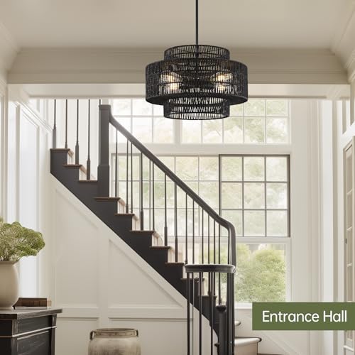 4-Light Black Boho Rattan Chandelier Light Fixture, 17.7” Hand Woven Rustic Chandeliers Farmhouse Chandelier Hanging Light for Dining Room Kitchen Island, Living Room, Foyer - color: Black, size: 17.7" 4-Light