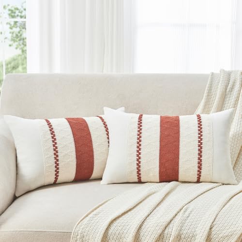 Throw Pillow Covers Set of 2 12x20 Inch Boho Pillow Covers, Soft Lumbar Neutral Cotton Rust Decorative Fall Case for Couch Sofa Bed Living Room, Home Modern Woven Farmhouse Cute Decor - color: Rust, size: 20" x 12" (Pack of 2)