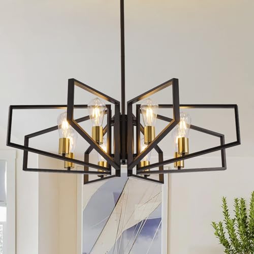 Black and Gold Chandelier, 8-Light Farmhouse Dining Room Light Fixture, Geometric Pendant Lights Kitchen Island, Modern Industrial Chandelier for Living Room, Bedroom, Foyer, Stairway, Entryway - color: 01-Black and Gold-8 Lights