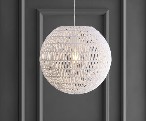 JONATHAN Y 15.7" White Modern Bohemian Woven LED Pendant Light, Adjustable Hanging Ceiling Lamp for Kitchen Island Dining Room, Paper Wicker Shade, Bulb Included JYL6503A - color: White