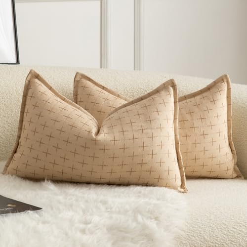 MANDIOO Pack of 2 Burlap Linen Throw Pillow Covers Woven Textured Modern Farmhouse Cushion Covers Pillowcase Decorative Couch Sofa Bed Living Room 16 x 24 Inch Burnt Beige - color: Beige, size: 24" x 16" (Pack of 2)