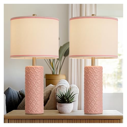 27" Farmhouse Bedside Table Lamp Set of 2, Pink Modern Ceramic Lamps for Living Room, 3 Color Temperature Rustic Table Lamps for Bedroom, Night Stands, Dorm,Office, Home Décor (Bulb Included - color: Pink, size: 27"