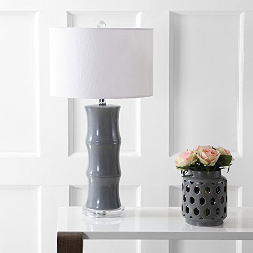 JONATHAN Y 26.5" Gray Ceramic Table Lamp for Living Room, Bedroom Nightstand, White Linen Drum Shade, Bamboo Design Modern Bedside Desk Lamp with LED Bulb Included (JYL3015B) - color: Gray