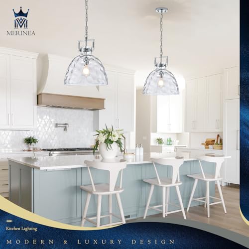 Glass Pendant Light, 13.8 Inch Single Hanging Ceiling Light with Adjustable Chain, E26 Base Oversized Hammered Clear Glass Kitchen Island Pendant Lighting in Polished Chrome for Dining Room, Entryway - color: Large Chrome