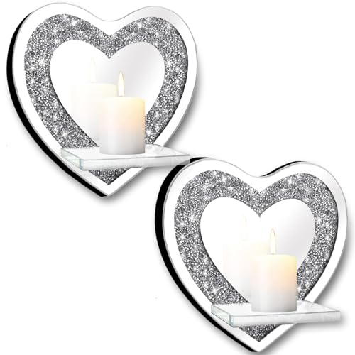 ZOLAPI Set of 2 Crystal Crush Diamond Candle Sconces, Gorgeous Silver Mirrored Wall Sconce, Candle Holder Glass Wall Decorations for Home Décor, Living Room, Dining Room.Heart Shaped - color: Silver Mirror Heart