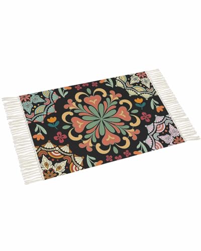 Black Boho Bathroom Rug 2' x 3', Ethnic Country Colorful Abstract Floral Motifs Low Profile Front Entryway Rug with Tassels, Woven Cotton Washable Kitchen Mat Carpet for Foyer Bedroom Back Door Decor - color: Multicolor Black, size: 2' x 3' (Rectangular)