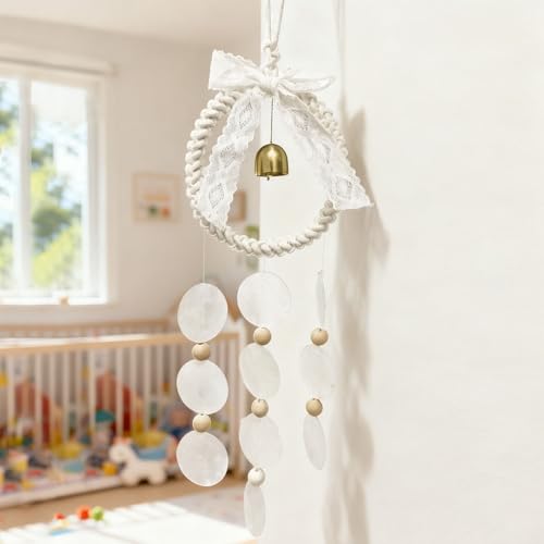 Macrame Dream Catcher Wall Hanging with Shell Wind Chime & Gold Bell - Handmade Boho Woven Ornament for Bedroom Living Room Nursery Christmas Home Decor - color: Shell
