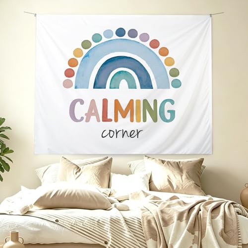 KBRCT Mental Health Tapestry, Boho Classroom Wall Tapestry, Calming Corner Boho Rainbow Wall Hanging Decor for Home Bedroom Office Classroom Calming Room, 50x60 Inch