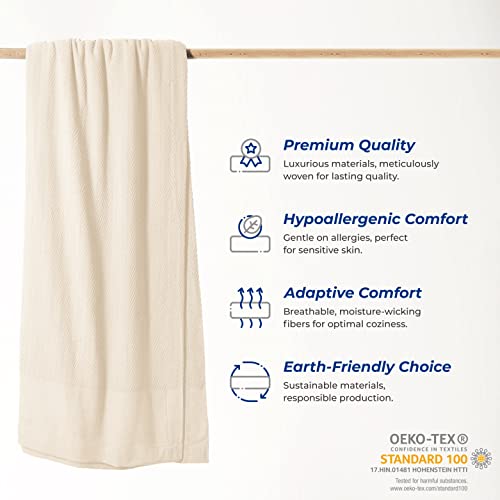 Organic GOTS Certified Cotton Blanket, Twin/Twin XL - 350 GSM, Antistatic, Fuzzy Soft, Lightweight, Sofa, Camping & Travel, All-Season Herringbone Throw, Ivory/Cream + Stylish Bonus Tote Bag - color: Herringbone - Ivory/Cream, size: Twin / Twin XL