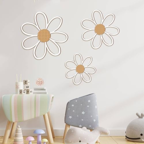 Thyle 6 Pcs Daisy Wall Decor Wooden Daisy Wall Sculptures Art Flowers Signs Hanging Plaque for Home Nursery Bedroom Farmhouse Bathroom Decorations Housewarming Gifts (White) - color: White
