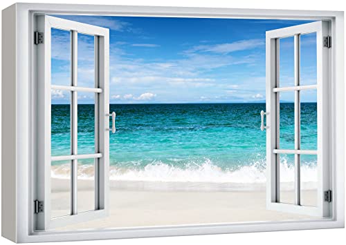 wall26 Canvas Print Wall Art Window View Teal Tropical Blue Ocean Shore Horizon Wilderness Nature Photography Realism Scenic Landscape Colorful Multicolor for Living Room, Bedroom, Office - 12"x18" - color: A001-2204-irs15, size: 18"L x 12"W