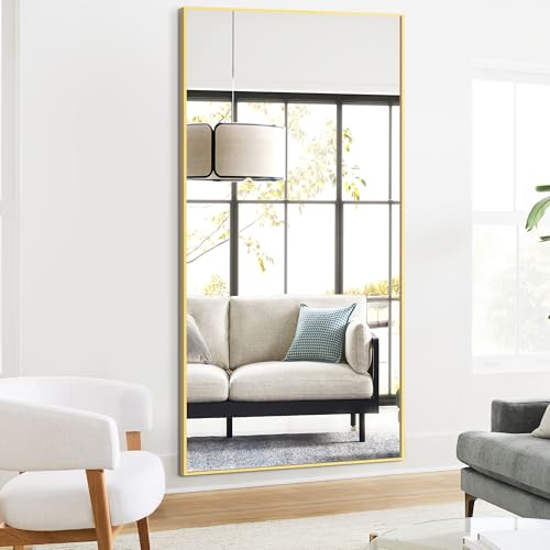 TRAHOME Full Length Mirror, 75"x35" Rectangle Standing Floor Full Body Mirror for Wall with Aluminum Alloy Frame for Bedroom, Living Room, Dressing Room(Gold) - color: Gold, size: 75"L x 35"W