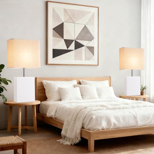 lapupu 23" Wood Table Lamp Set of 2 for Living Room, Modern Bedside Lamps for Bedroom, Large Farmhouse Nightstand Lamp, Desk Lamps for End Table Home Decor, Cream - color: Cream