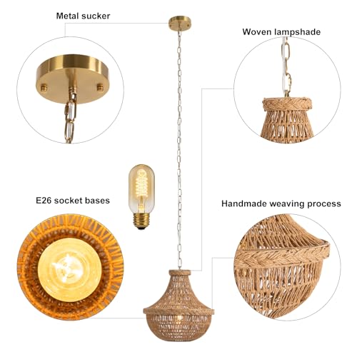 Hand-Woven Bamboo Pendant Light, Lantern Lamp Rattan Single Light Weaving Natural Wooden Ceiling Hanging Fixture with Adjustable Cord for Kitchen Dining Living Room Restaurant Farmhouse (Vase) - color: Vase