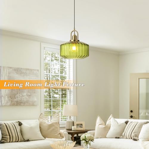 11.8in Mid Century Modern Pendant Light, Gold Large Green Glass | Vintage Lighting Fixture Ceiling Hanging Lamp for Kitchen Island Foyer Dining Room Bedroom Entryway Hallway Over Sink Table - color: Green & Gold Hardwire, size: 11.8in