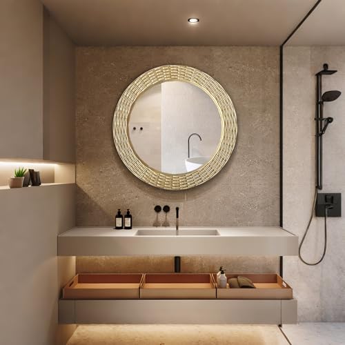 WAMIRRO Gold Round Wood Mirror, 36 Inch Hand Carved Solid Wood Frame Circle Mirror for Wall Mount, Farmhouse Boho Decor for Living Room, Bathroom, Bedroom, Hallway & Entryway - size: 36"L x 36"W