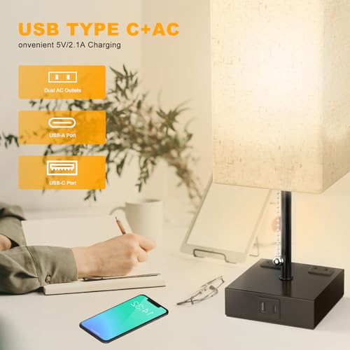 YIDPU Table Lamp for Bedroom with USB,Bedside Lamp with USB C+A Charging Ports,Adjustable 3color LED Light for Home Decor/Nightstand/Office,Included Bulb and Fabric Lamp Shade (Linen White, 2PCS) - color: Linen White, size: 2PCS