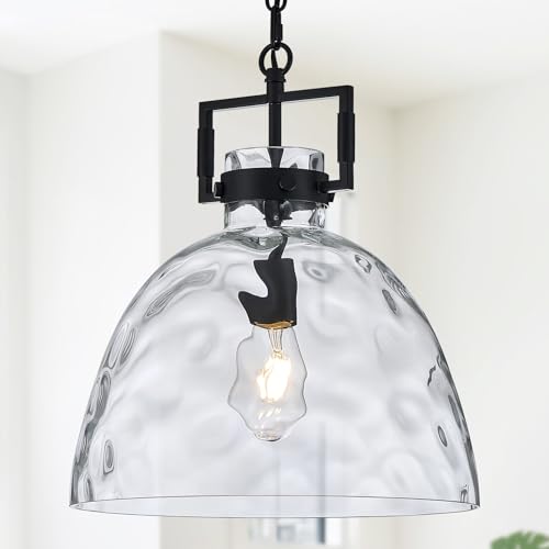 Glass Pendant Light, 13.8 Inch Single Hanging Ceiling Light with Adjustable Chain, E26 Base Oversized Hammered Clear Glass Kitchen Island Pendant Lighting in Matte Black for Dining Room, Entryway - color: Large Black