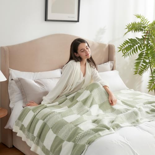 Snuggle Sac Checkered Blanket, Sage Green Throw Blanket for Couch Plaid Microfiber Fluffy Warm Cozy Fuzzy Soft Throw Blanket Reversible Checker Blankets for Sofa, Chair, Bed, 60x80 inches - color: Checker Sage Green, size: Twin(60"x80")