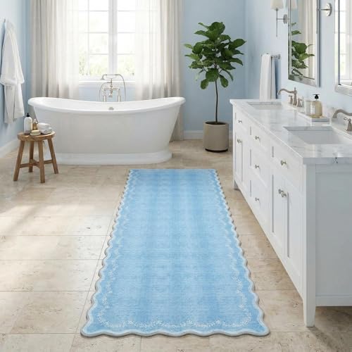 GarveeHome 2x6 Scalloped Washable Runner Rug for Kitchen, Soft Blue Hallway Runner Non Slip Entryway Rug Farmhouse Thin Laundry Mat Stain Resistant Carpet for Bedroom Bathroom Beside Rug - color: Baby Blue, size: 2' x 6' (Rectangular)