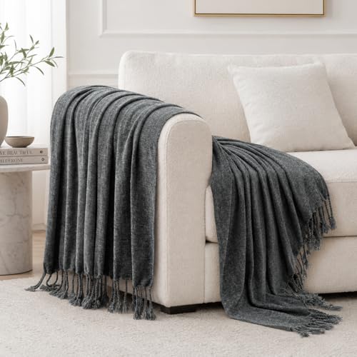 BATTILO HOME Dark Gray Chenille Throw Blanket for Couch, Soft Cozy Textured Knit Throw Blanket with Handmade Fringe Tassels, Lightweight Decorative Farmhouse Blanket for Sofa Bed Chair, 50"x60" - color: Dark Grey