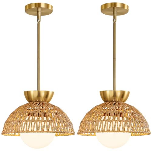 2 Pack Rattan Pendant Light, 11.8" Hand Woven Boho Pendant Light Fixture with Milk Glass Globe, Gold Kitchen Island light Fixtures Adjustable Chandelier for Dining Room Hallway Foyer Restaurant - color: Gold-2 Pack