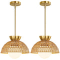 2 Pack Rattan Pendant Light, 11.8" Hand Woven Boho Pendant Light Fixture with Milk Glass Globe, Gold Kitchen Island light Fixtures Adjustable Chandelier for Dining Room Hallway Foyer Restaurant - color: Gold-2 Pack