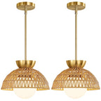 2 Pack Rattan Pendant Light, 11.8" Hand Woven Boho Pendant Light Fixture with Milk Glass Globe, Gold Kitchen Island light Fixtures Adjustable Chandelier for Dining Room Hallway Foyer Restaurant - color: Gold-2 Pack