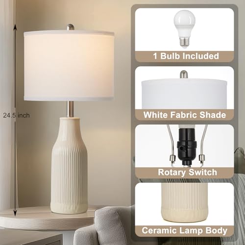 24.5" Modern Ceramic Table Lamp for Nightstand, Farmhouse Bedside Lamp for Bedroom, Small Table Lamp for Living Room End Table, Beige (1 Pack) - color: Beige - 24.5"H - 1 Pack