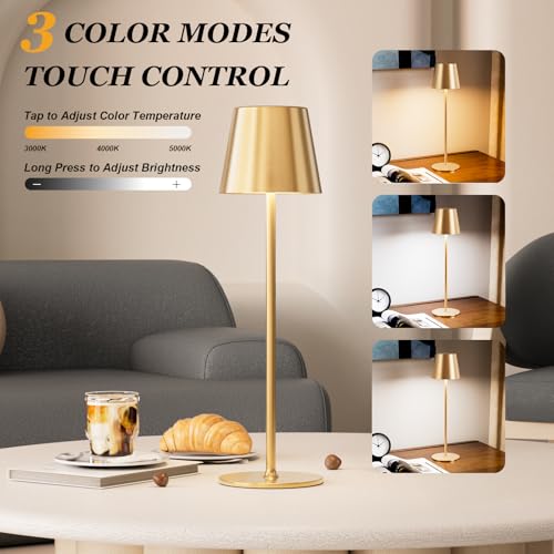 Kakanuo Cordless Table Lamp Rechargeable Gold - KK 4 Pack Battery Operated Lamp for Dining Table, 3 Color Stepless Dimming Wireless Lamp for Counter, Outdoor Patio, Touch Control - color: Gold 1, size: 4 Pack 14in - Down Light