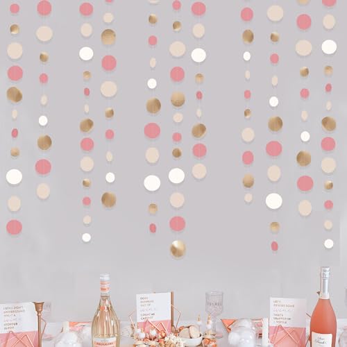 Champagne Gold Dusty Pink Decorations Circle Dots Garland Gold Pink Nude Neutral Cream White Boho Hanging Polka Dot Streamer for Bridal Shower Birthday Wedding Engagement Baby Shower Party Supplies - color: Champagne Gold Dusty Pink