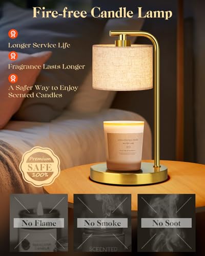 Candle Warmer Lamp with Timer Dimmer, Candle Lamp Warmer with Linen Shade - Birthday House Warming Gift for Women Mom Her - New Home Decor for Bedroom with 2 Bulbs (Gold) - color: Gold