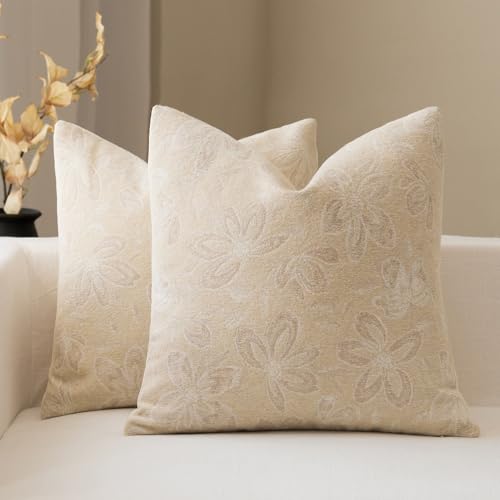 FIOUOVO Floral Throw Pillow Covers 18x18 Set of 2 Farmhouse Pillow Covers Vintage Neutral Accent Pillowcases Decorative Cushion Covers for Sofa Couch Living Room Bedroom Home Decor, Cream - color: Cream, size: 18" x 18" (Pack of 2)