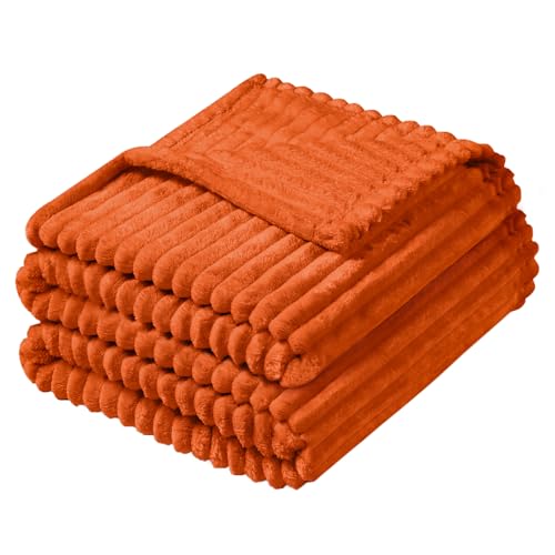 Vessia Flannel Fleece Twin Size Blanket for Bed,Couch,Sofa(60x80inch), 300GSM Microfiber Burnt Orange Striped Bed Blanket for Adults, Super Soft Warm Cozy Lightweight Ribbed Decor for All-Season - color: Burnt Orange, size: 60x80 inch
