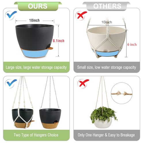 Meowell 10 inch Self Watering Hanging Planters, 2 Pack Hanging Flower Pots for Indoor Outdoor Plants, Hanging Baskets with Drainage Holes & 2 Kinds of Plant Hangers for Garden Home Decor, Black Brown - color: Black With Brown