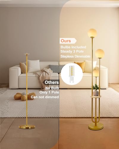 63IN Dimmable Floor Lamp with Shelf, Unique Globe Gold Tall Standing Lamps, 3000K Warmwhite Mid Century Modern Floor Lamp with 5Lbs Heavy Base for Living Room Home Office(Bulbs Included) - color: 3 Globe-Gold Shelf